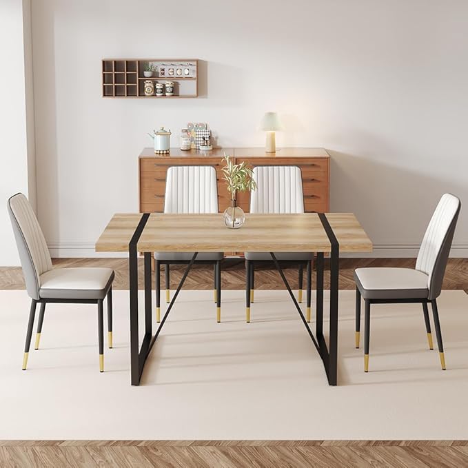 Dining Table Chairs Set for 4, Modern Rectangular Dining Room Table Set PU Leather Upholstered Dining Chairs 55" Dinner Table Set for Kitchen, Dining Room (Dining Table Set for 4, White Grey)