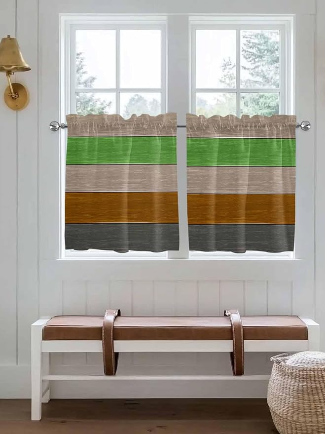 Farm Gray Green Brown Wood Grain Window Valance Curtains, Rustic Wooden Plank
