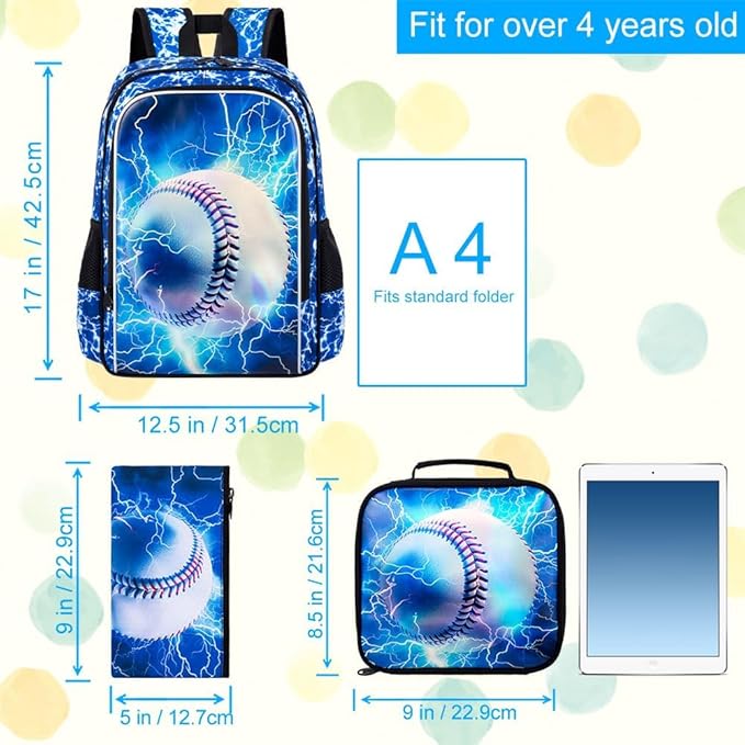 KLFVB 3PCS Boys Bookbag, 17" Kids Backpack and Lunch Box, Water Resistant Teenagers School Bag for Middle Elementary - Lightning Baseball