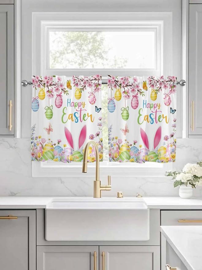 Happy Easter Half Window Curtains 24 Inches Long, Spring Watercolor Bunny Eggs