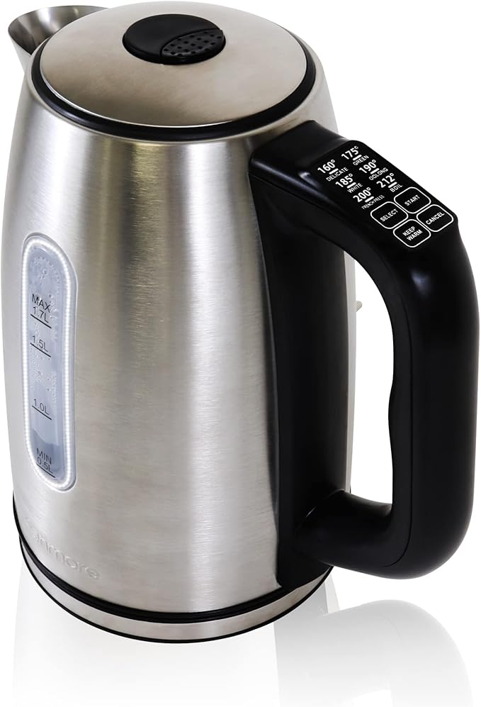 Kenmore 1.7L Cordless Electric Kettle w/ 6 Temperature Pre-Sets, Stainless Steel Teakettle w/LED light, Auto Shut-Off, Keep Warm, Boil-Dry Protection, Silver