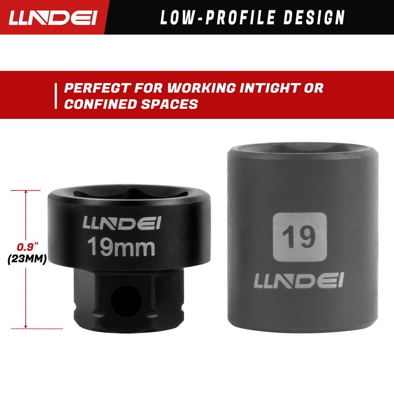 LLNDEI 3/8" Drive Stubby Impact Socket Set Metric 6-19mm, 19-Piece Cr-Mo Nano Socket Set with 2 Extension Bars (6" & 15"), Universal Joint & Ratchet Wrench for Tight Space Access