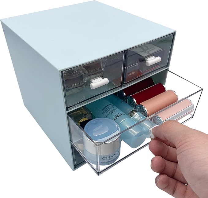 Makeup Organizer, Desk Organizer with 4 Drawers, Sundries Storage，Vanity Cosmetic Storage Box, Bathroom Counter or Dresser, Blue (QBH-4CT-2)