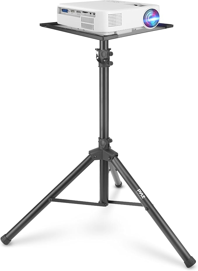 Pyle Projector Stand Tripod, Height Adjustable 28"-46" Portable Laptop and DJ Equipment Stand with Angle Tilt Tray, Heavy Duty Metal Construction, Foldable Design, 20" x 16" Platform