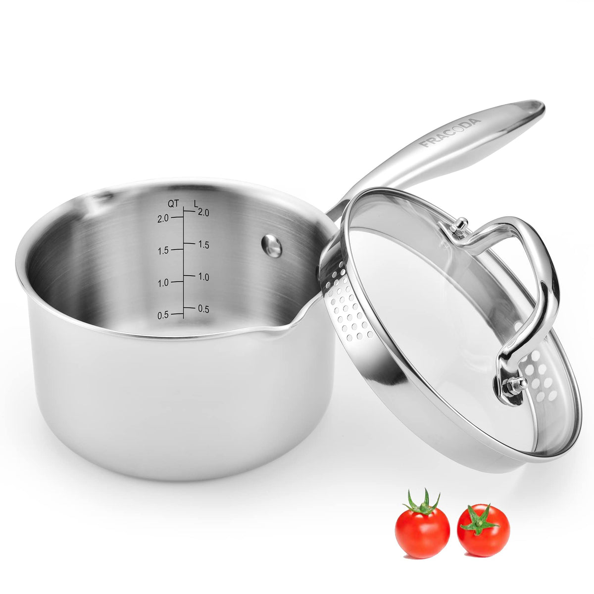 Fracoda 3.5 Quart Stainless Steel Pot Saucepan with Glass Strainer Lid, Sauce Pot with Two Side Spouts, Induction Cooking Pot, Multipurpose Sauce Pan with Lid for Cooking(Tri-Ply Full Body)