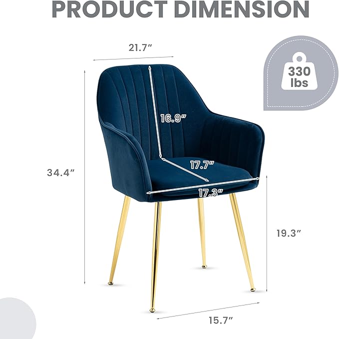 ECOTOUGE Modern Dining Chairs Set of 6, Upholstered Dining Room Chairs with Golden Metal Legs, Matte Velvet Kitchen Chairs for Dining Table, Accent Chairs for Living Room, Blue