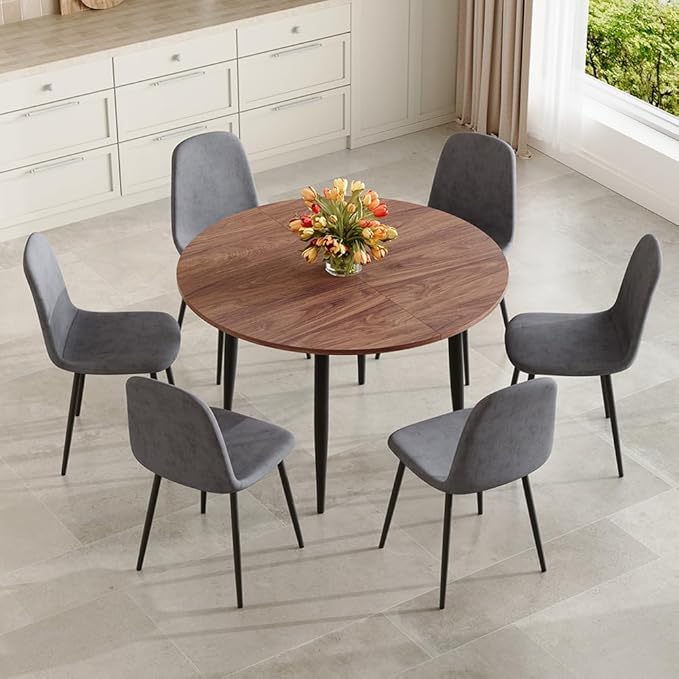 42" Round Dining Table for 4, 54" Oval Dining Table for 6, Extendable Kitchen & Dining Room Table with Metal Legs, Modern Rustic Space-Saving Adjustable Shape Dinner Table, Easy Assembly,Walnut