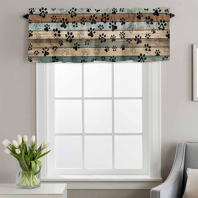 Dog Paws Valances for Windows, Teal Brown Wood Grain Kitchen Valance Light