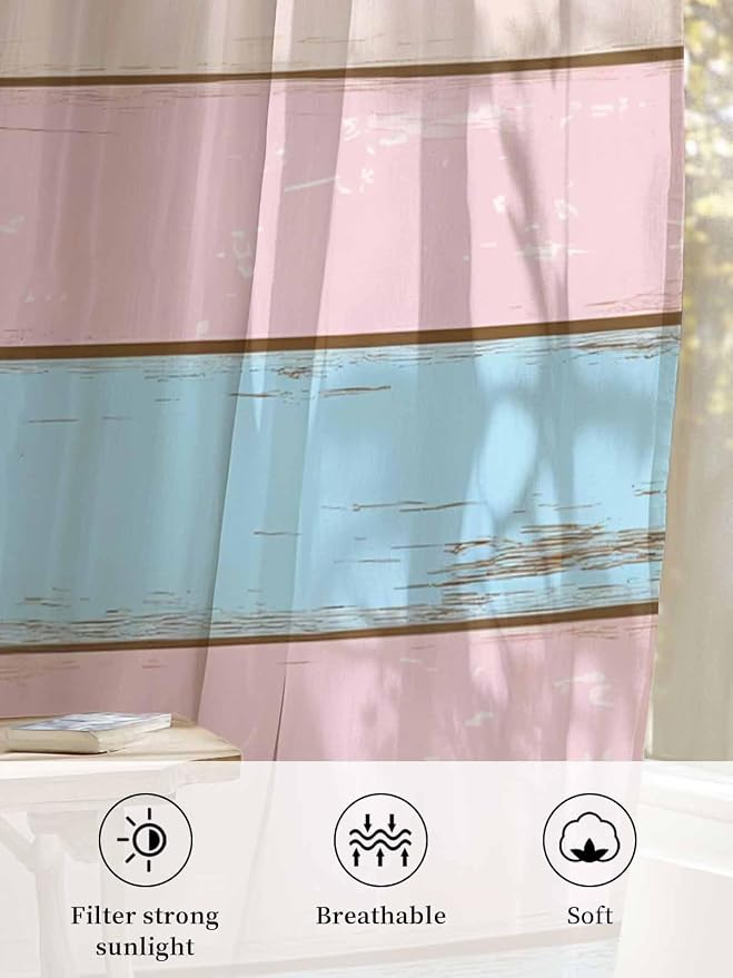 Sheer Curtains 54 Inch Length, Farmhouse Country Shabby Striped Privacy Voile