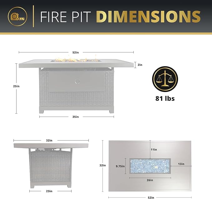 52 Inch Outdoor Fire Pit Table, 50000 BTU Propane Fire Pits with Wind Guard and Fire Glass, CSA Certified Patio Fire Table, Rectangular Aluminum Rattan Fire Table for Outside Patio, Backyard, Brown