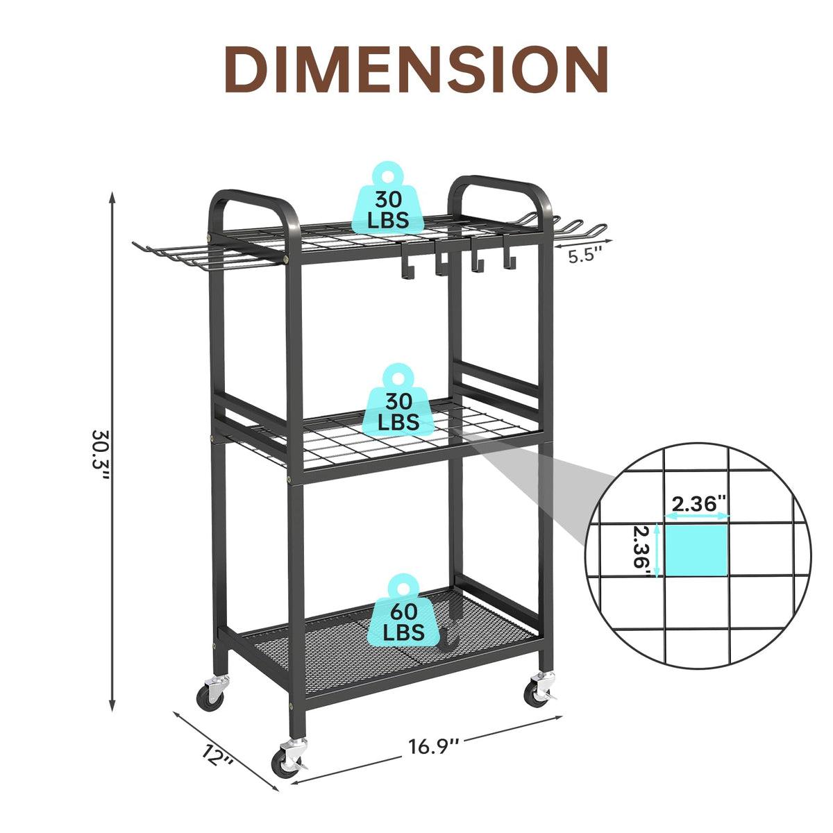 Hadulcet Garden Tool Organizer, Metal Garage Organization and Storage with Lockable Wheels, Garden Tool Rack with Storage Hooks, Heavy Duty Yard Tool Organizer for Garage, Shed, Lawn, Outdoor, Black