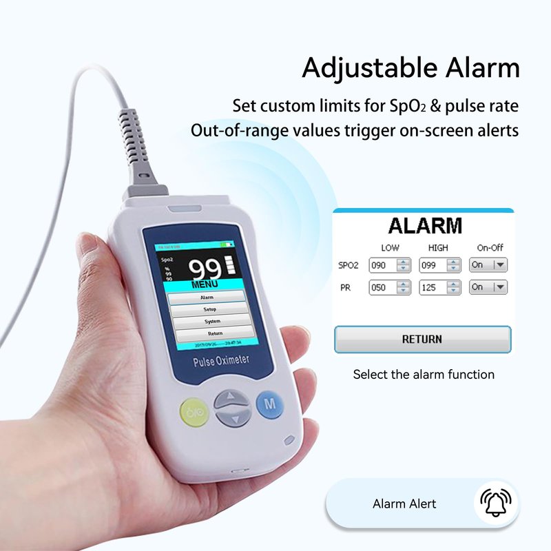 Continuous Pulse Oximeter Fingertip, Medical Grade Accuracy Fast Reading SpO2 Pulse Rate Blood Oxygen Saturation Monitor Handheld 500 Data Storage Overnight Pulse Oximeters with Adjustable Alarm
