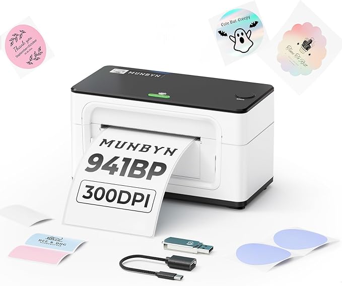 MUNBYN Bluetooth Thermal Label Printer 941BP, Wireless 300DPI 4x6 Shipping Label Printer for Small Business Compatible with Windows, Mac, iPhone, Android, PC, Ebay, Amazon, Shopify, Etsy, USPS (White)