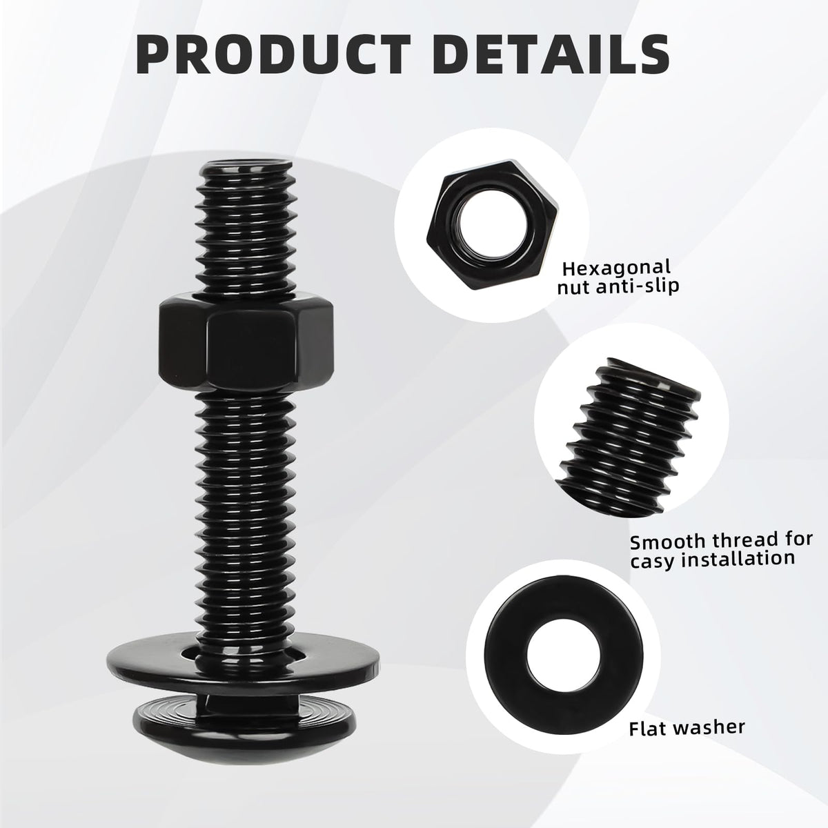 OUSCHR 1/4-20 x 1-1/2" Carriage Bolt Kit, Stainless Steel 304 Carriage Bolts Screws with Hex Nuts & Flat Washers, Round Head Square Neck, Full Thread, Black Finish, 12 Sets