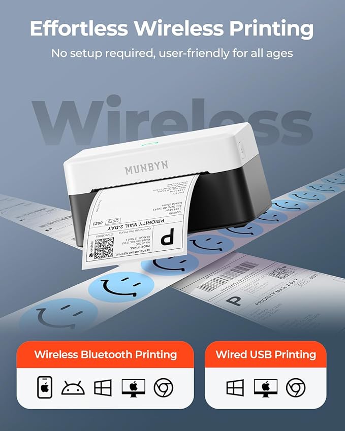 MUNBYN RW403B Bluetooth Thermal Label Printer+4"x6" Direct Thermal Shipping Labels+IPS03 440lb for Postal Scale