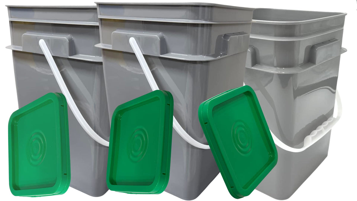 House Naturals 4 Gallon Square Food Grade Bucket Pail with Plastic Handles and Lid (Pack of 3) Made in USA containers (White)