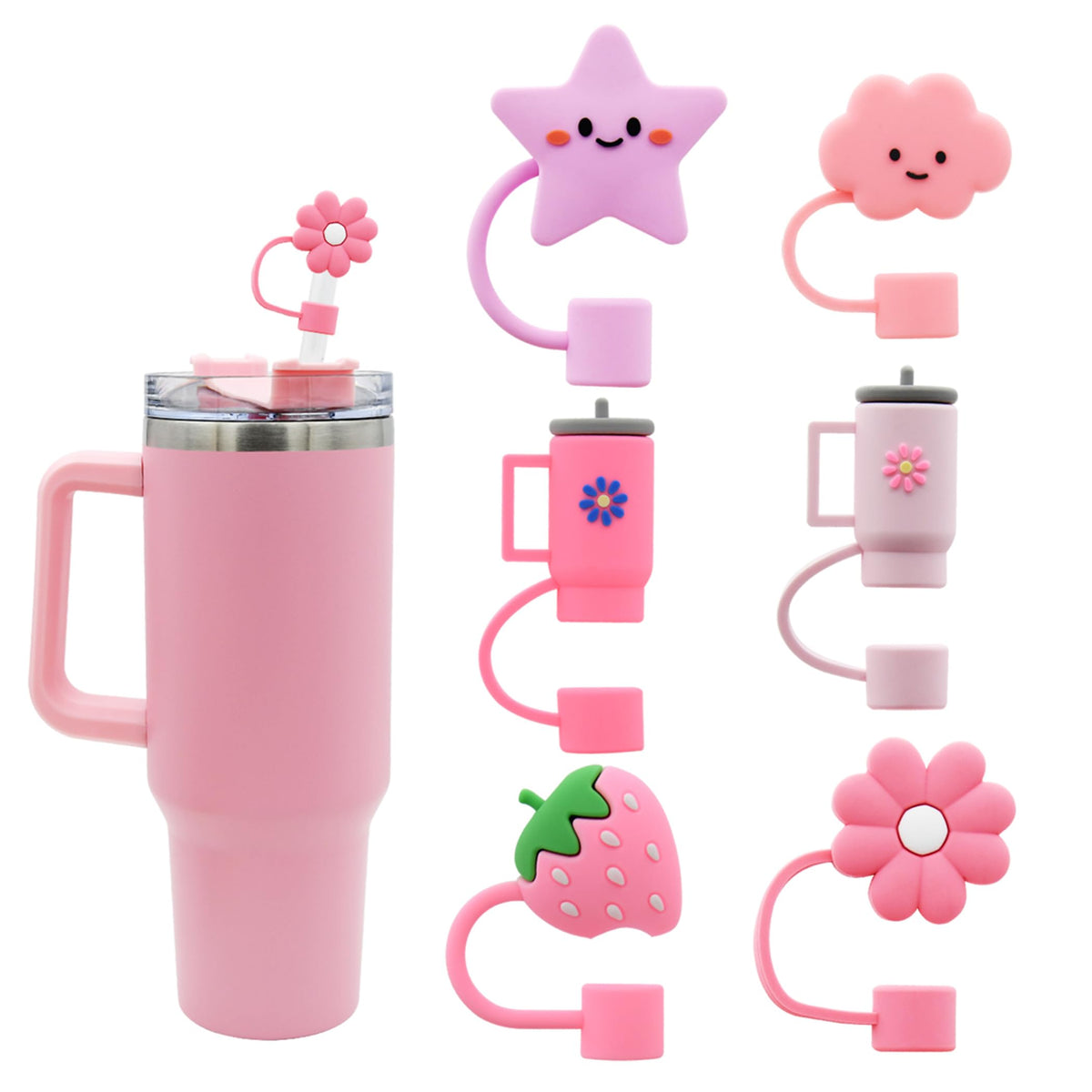 Meitesti Cover Cap for Stanley Cups, Topper Compatible with 30 & 40 Oz Tumblers, Reusable Dust-Proof Silicone Lids, Drinking Straw Covers, 6pcs All Pink