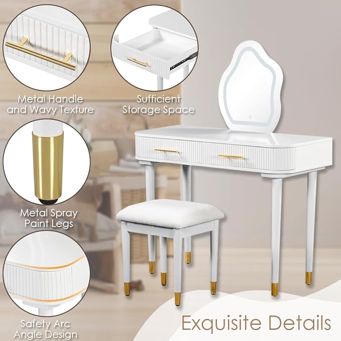 40" Modern Vanity Table Set with Mirror and Lights, Dressing Table and Cushioned Stool Set with 2 Large Drawers, Modern Makeup Table for Bedroom,Makeup Room