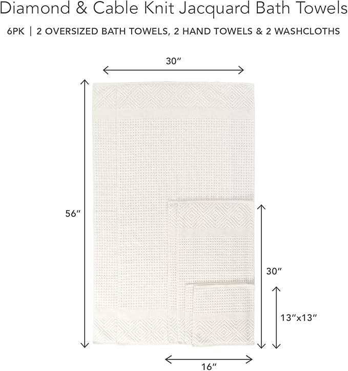 Texere 100% Organic Cotton Diamond Jacquard Luxury Bath Towel Sets - Soft and Absorbent Hotel and Spa Quality - 2 Large Bath Towels, 2 Hand Towels, 2 Washcloths (Diamond, Cream, 6 Piece)
