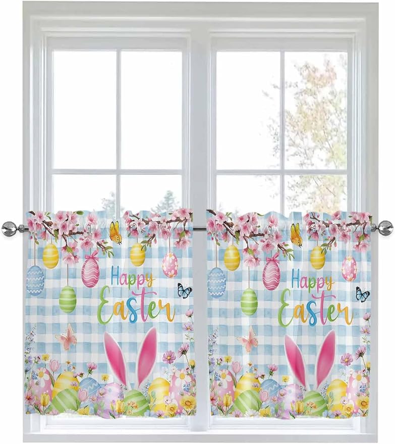 Happy Easter Half Window Curtains 24 Inches Long, Spring Watercolor Bunny Eggs