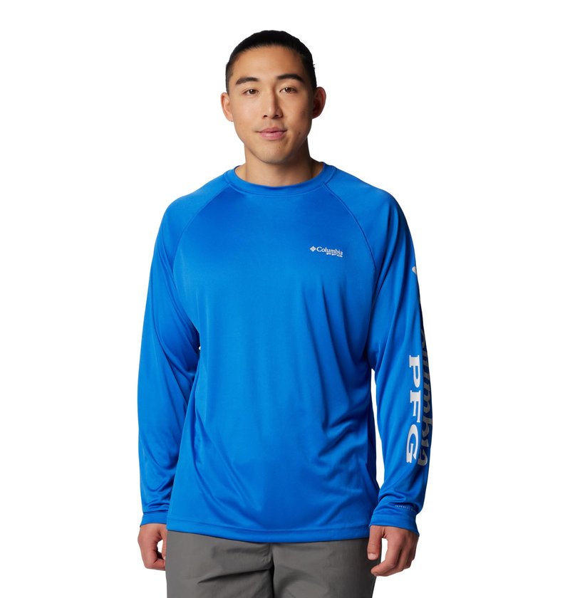 Columbia Men's PFG Terminal Tackle Long Sleeve Fishing Shirt, Vivid Blue/Cool Grey Logo, 1X