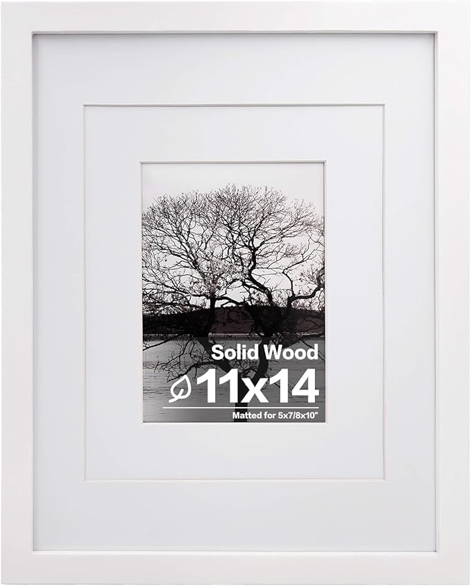 Egofine 11x14 Picture Frame White - Photo Frame Made of Solid Wood Covered by Plexiglass for Table Top Display Pictures 5x7/8x10 with Mat or 11x14 Without Mat - with Wall Mounting Hardware
