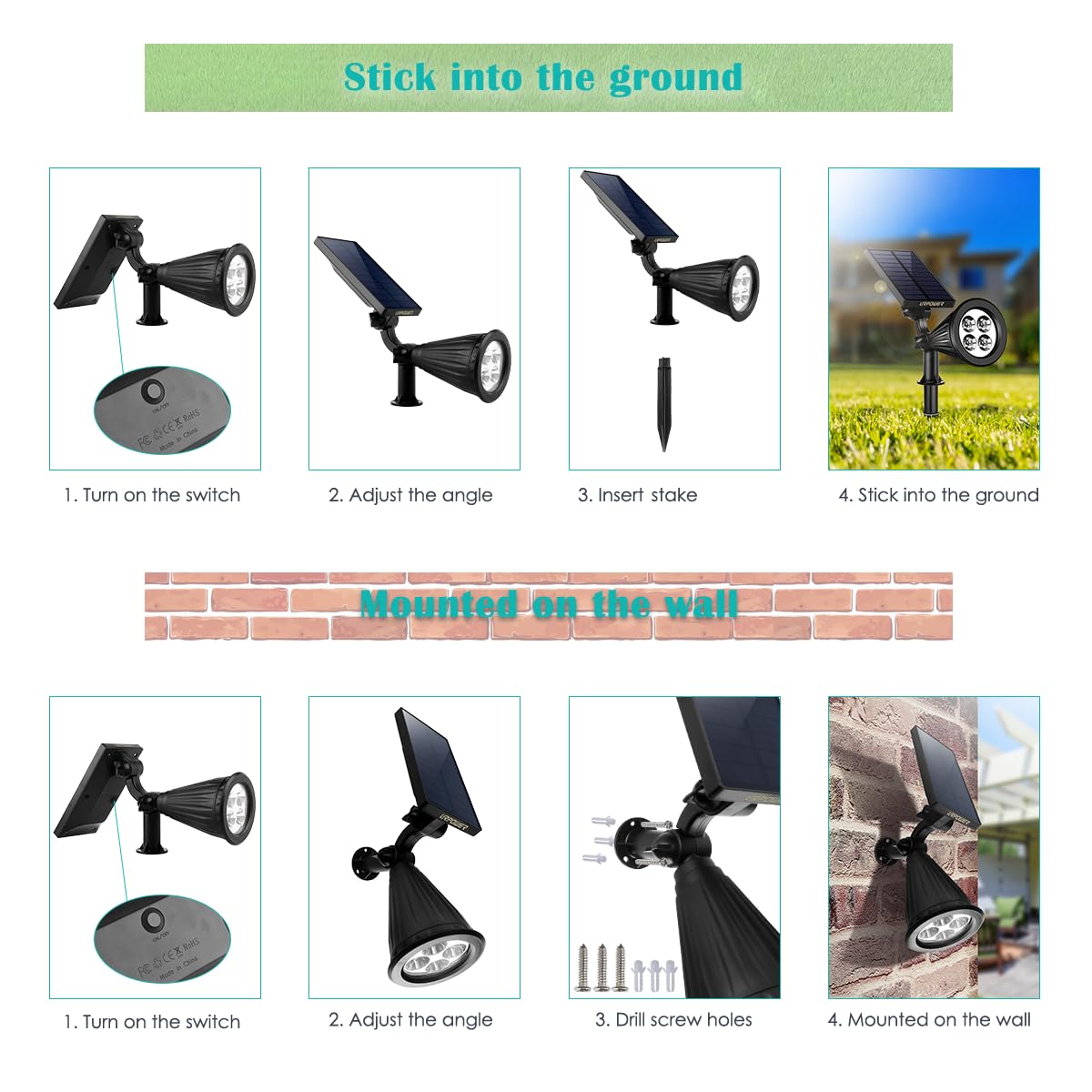 URPOWER Solar Lights Outdoor, 2-in-1 Solar Spot Lights Waterproof with 2 Lighting Modes, Adjustable Solar Powered Spotlights Auto On/Off Landscape Lights for Yard Garden Pathway, 4 Pack (Warm White)