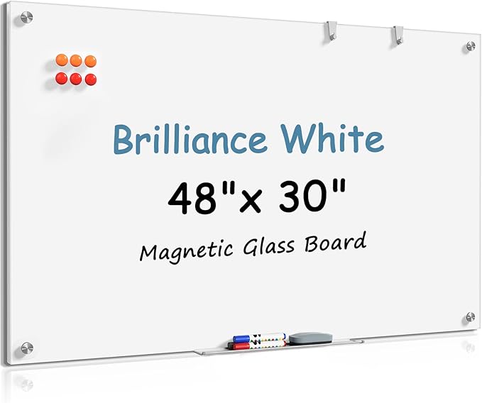MaxGear Glass Whiteboard Tempered Magnetic Dry Erase Board 48 x 30 Inch Ultra White Frameless Wall Mounted, Office Classroom Conference Room Home Use, Includes Markers, Eraser, Magnets & Mounting Kit