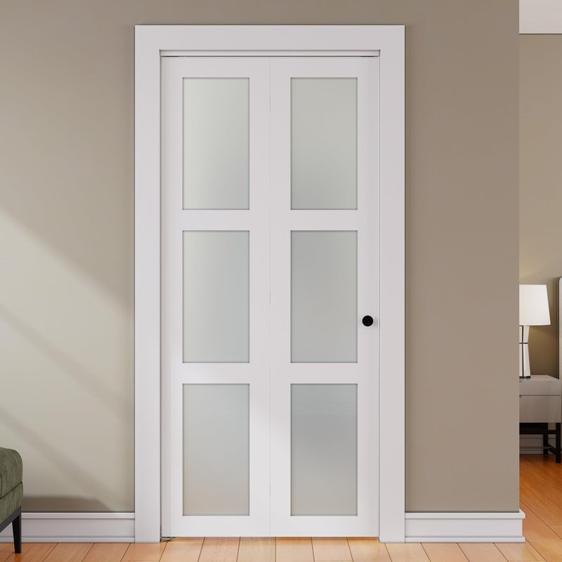 SMARTSTANDARD Bifold Door, for 28"x 80" Opening,Tempered Frosted Glass Closet Folding Barn Door with Hardware Kit, Water-Proof PVC Surface,Easy Install,White