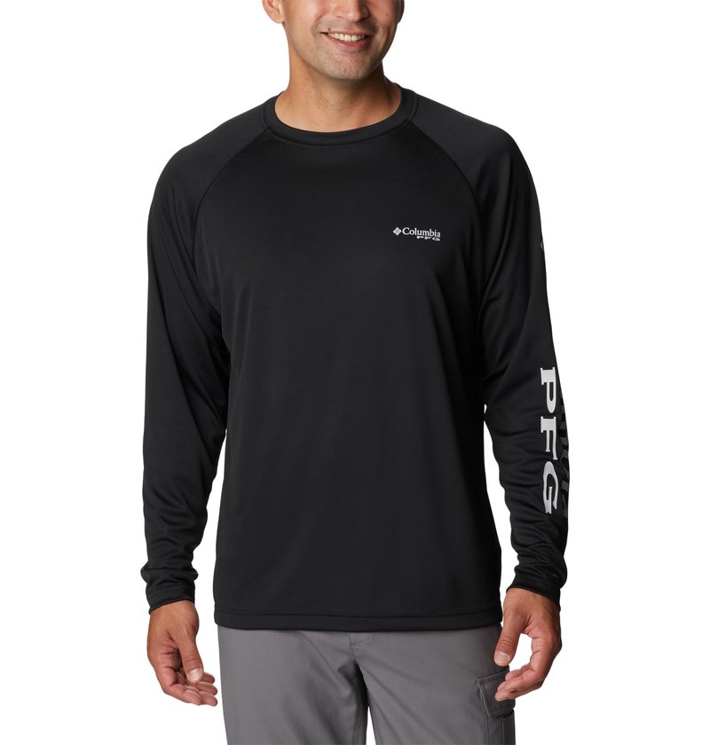 Columbia Men's PFG Terminal Tackle Long Sleeve Fishing Shirt, Black/Cool Grey Logo, Large Tall