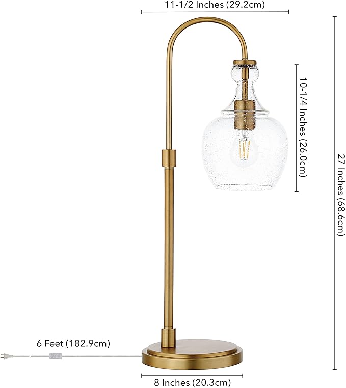 Henn&Hart 27" Mid-Century Modern 1-Light Table Lamp with Seeded Glass Dome Shade for Living Room, Bedroom, or Office, Brushed Gold