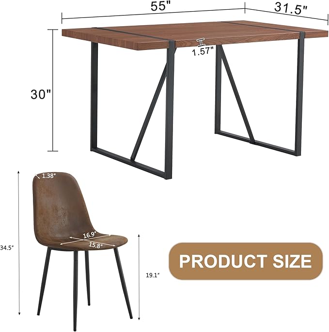 Dining Table Chairs Set for 4, Modern Rectangular Dining Room Table Set PU Leather Upholstered Dining Chairs 55" Dinner Table Set for Kitchen, Dining Room (55 inch Table + 4 Brown Chairs)