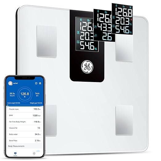 GE Smart Body Fat Scale: with BMI for Body Weight and Fat Percentage Composition Digital Bathroom Weight Scale Bluetooth with Large LCD Display Accurate Weighing 396lbs White