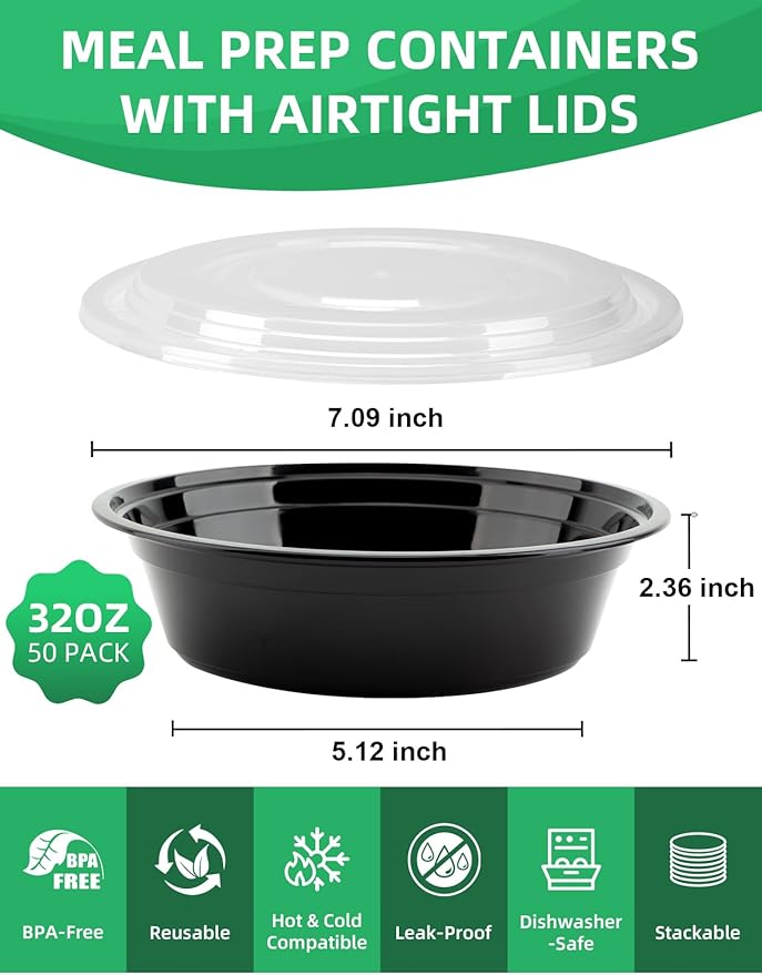 UMT Plastar 32 oz Meal Prep Bowls with Lids, 50 Pack BPA-Free Containers
