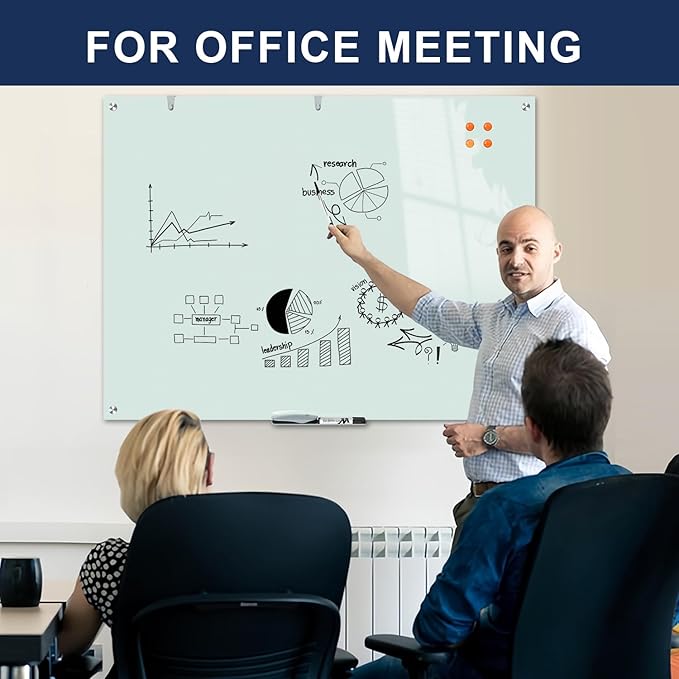 TSJ OFFICE Glass Dry-Erase Board - 48 x 36 Inches Wall Mounted Glass Whiteboard, Large Frameless Magnetic White Board for Office, Home & School, White
