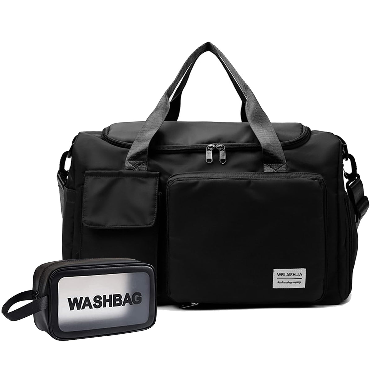 Gym Bag for Women, Dance Bag, Overnight bag, Foldable Travel Duffel Bag, Gym Bag with Wet Pocket & Shoes Compartment, Hospital Bag, Small Luggage Bag for Women and Man (Black+Toiletry Bag)