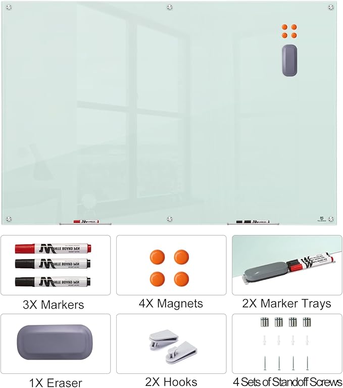TSJ OFFICE Glass Dry-Erase Board - 72 x 48 Inches (6' X 4') Wall Mounted Glass Magnetic Whiteboard, Extra Large Frameless White Board for Office, Home & School