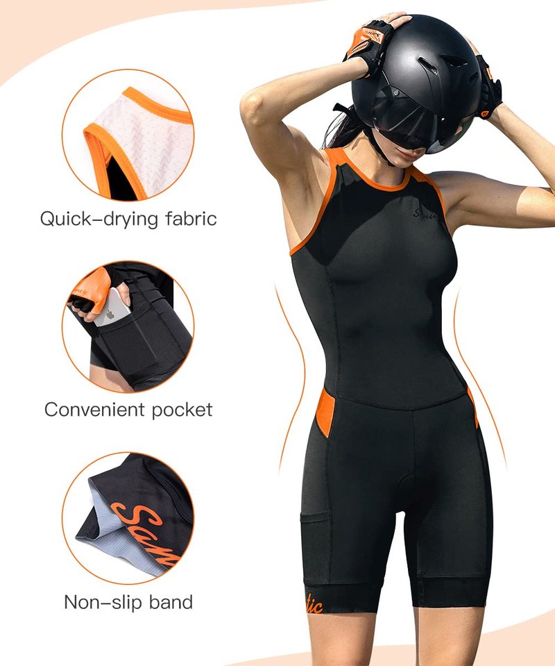 Santic Women Triathlon Suit Back Zipper tri Suit Padded One-Piece Sleeveless Swimsuits Quick-Dry(Orange,M)