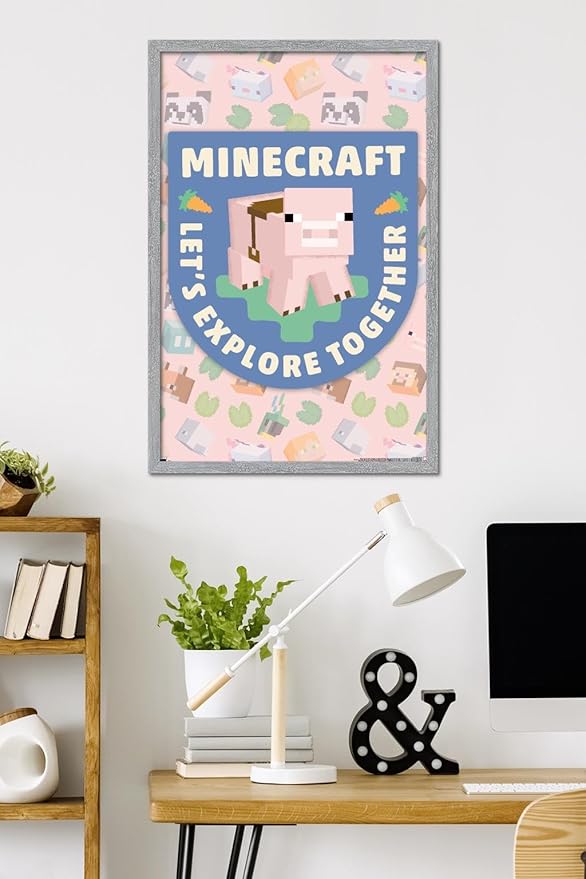 Trends International Minecraft - Let's Explore Together Wall Poster, 34L x 22.4W, Gray Framed Version
