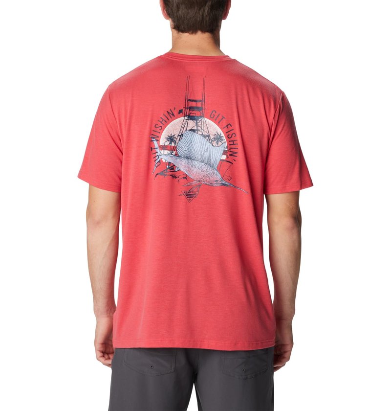 Columbia Men's PFG Sail Tower Tech Tee Short Sleeve, Sunset Red/PFG Sail Tower Graphic, Large