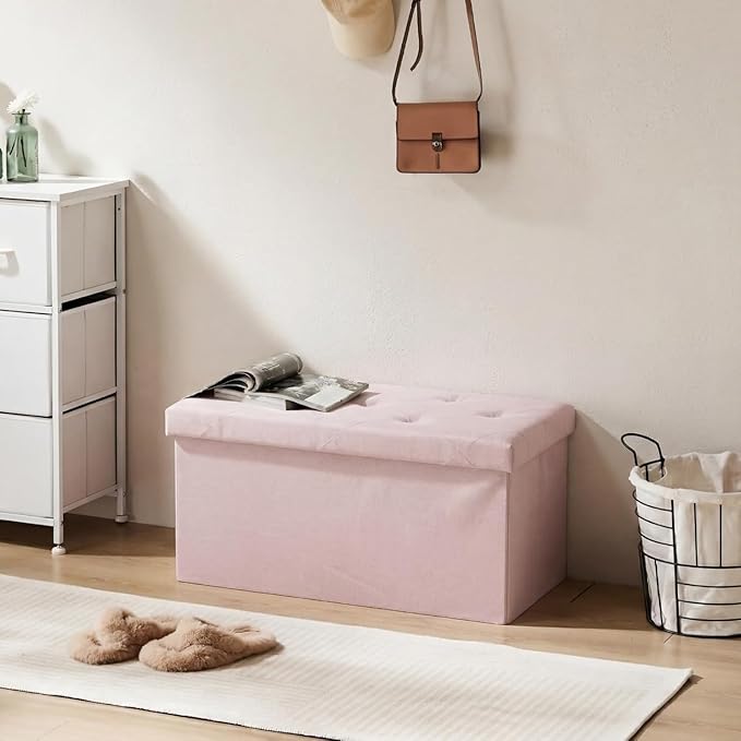 30 Inches Folding Storage Ottoman Bench, Ottoman Foot Rest, Storage Chest, End of Bed Foot Rest Stool with Padded Seat for Living Room, Bedroom, Entryway, Support 660lbs, Linen, Pink