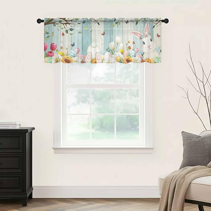 Easter Sheer Valances for Windows 60"x18", Light Filtering Kitchen Curtains