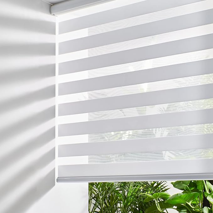 Persilux Cordless Zebra Blinds for Windows Dual Layer Roller Blinds (66"W x 72"H, White) Free-Stop Roller Blinds for Sliding Doors, Light Control for Day and Night, Light Filtering Sheer Roller Shades