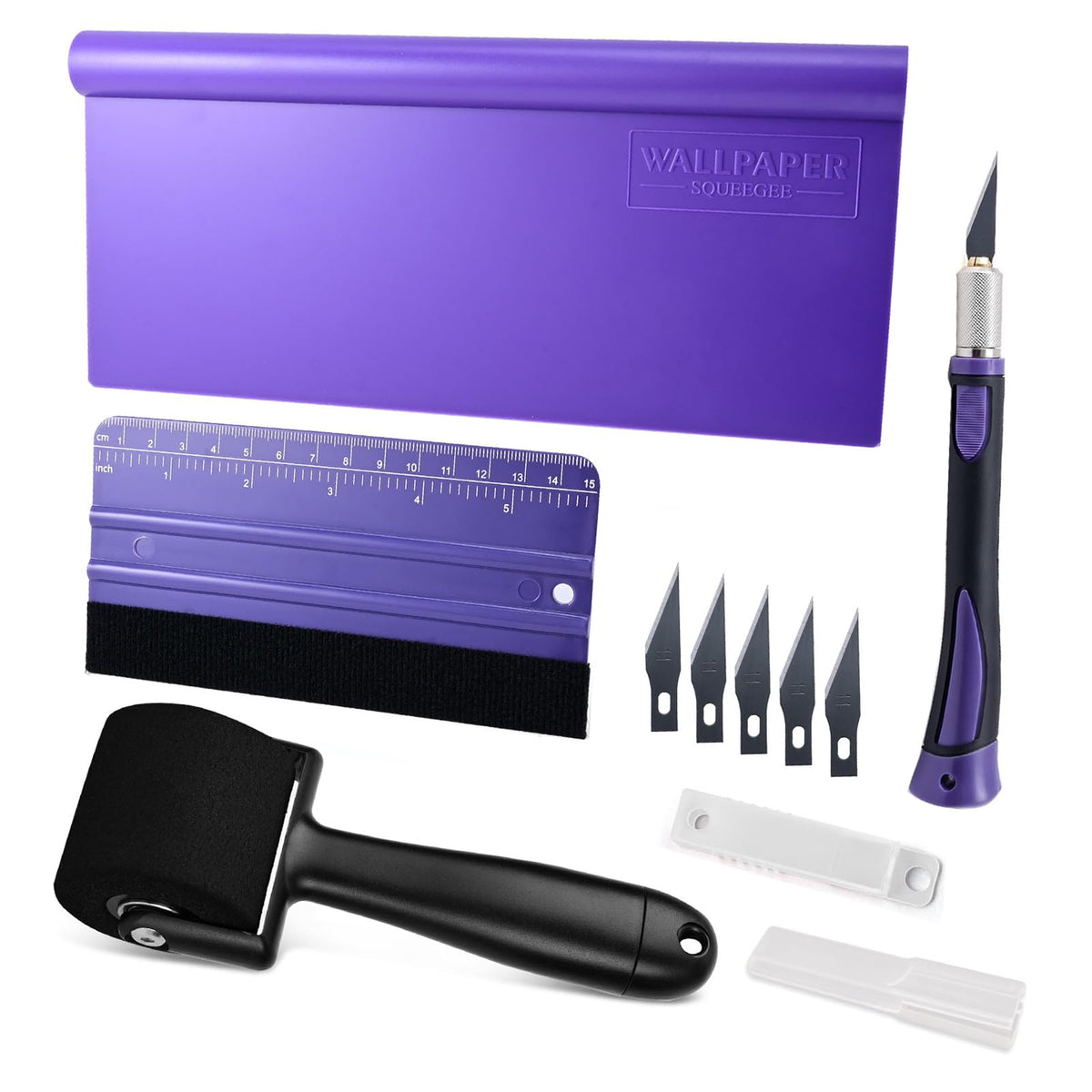 NEWISHTOOL Wallpaper Smoothing Tool for Applying Peel and Stick Contact Paper, Vinyl Backsplash Tile Wallpaper Tools with Sponge Seam Roller, Purple Smoother, Felt Squeegee, Precision Cutting Knife