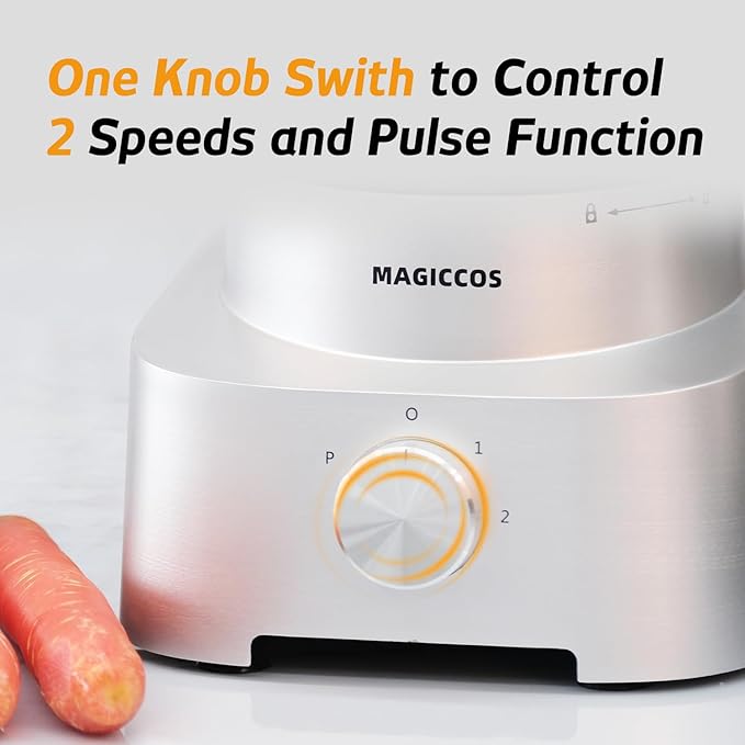 Magiccos 14-Cup Aluminum-Diecast Food-Processor - XL Bowl, Large Chute, 800W Motor & Silver Die-Cast Base, Slicing & Shredding, Chopping & Mixing, For Fries, Cheese, Meat & Veggie Prep, For Home Use