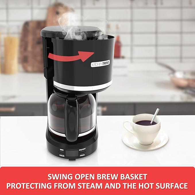 KITCHENTREND 12-Cup Programmable Coffee Maker with Permanent Filter, Removable Water Reservoir Coffee Machine, Drip Coffee Maker, Delay Brew, Timer & Keep Warm, Swing Open Brew Basket, Black