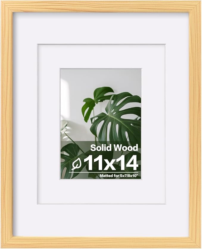 Egofine 11x14 Picture Frame Natural Wood Made of Solid Wood with Plexiglass, Display Pictures 5x7/8x10 with Mat or 11x14 Without Mat, for Tabletop and Wall Mounting Photo Frame