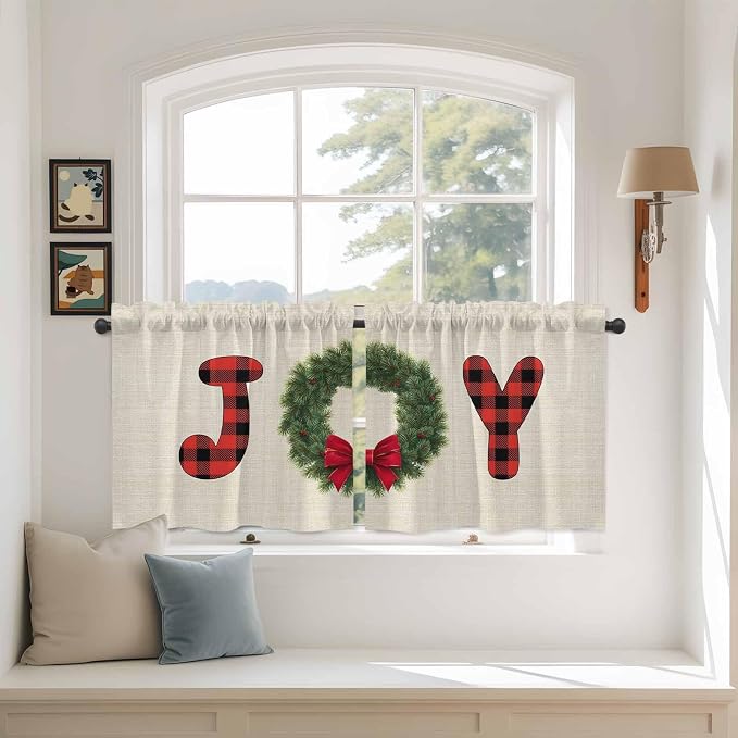 Red Green Christmas Kitchen Tier Curtains 24 Inch Long 2 Panel Set, Rod Pocket