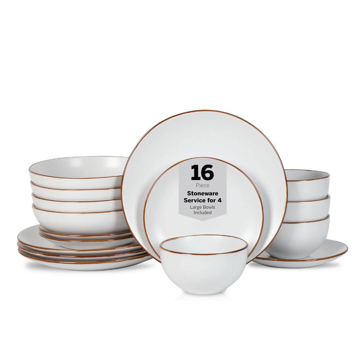 Stone Lain Brasa Stoneware 16 Piece Modern Dinnerware Set, Plates and Bowls, Service for 4, Black, Microwave & Dishwasher Safe