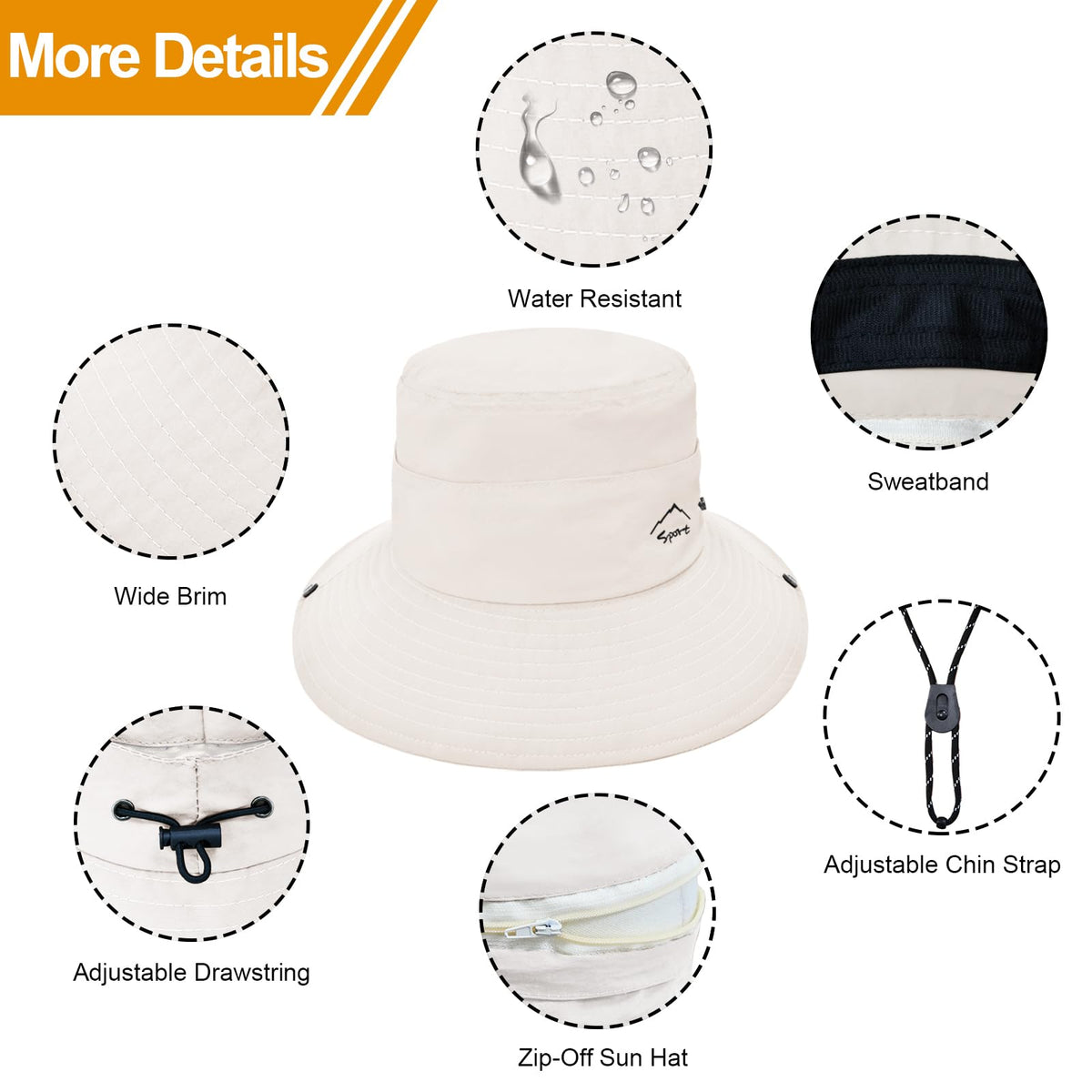 Sun Hats for Women Bucket Hat UV Protection Fishing Hat Wide Brim Safari Hats 2 in 1 Zip-Off Sun Visor Hats UPF 50+(1Pack-Beige)